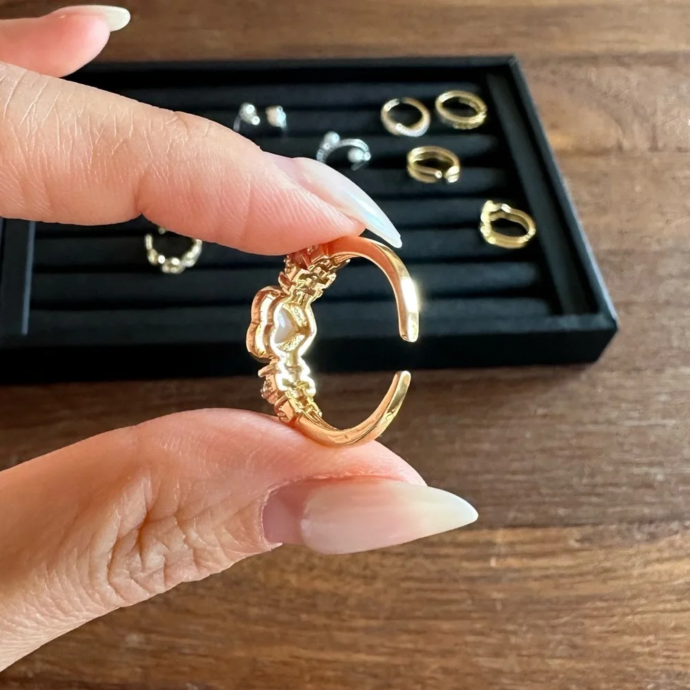 Gold Heart Open Ring Adjustable Rhinestone Heart Ring Romantic Statement Ring